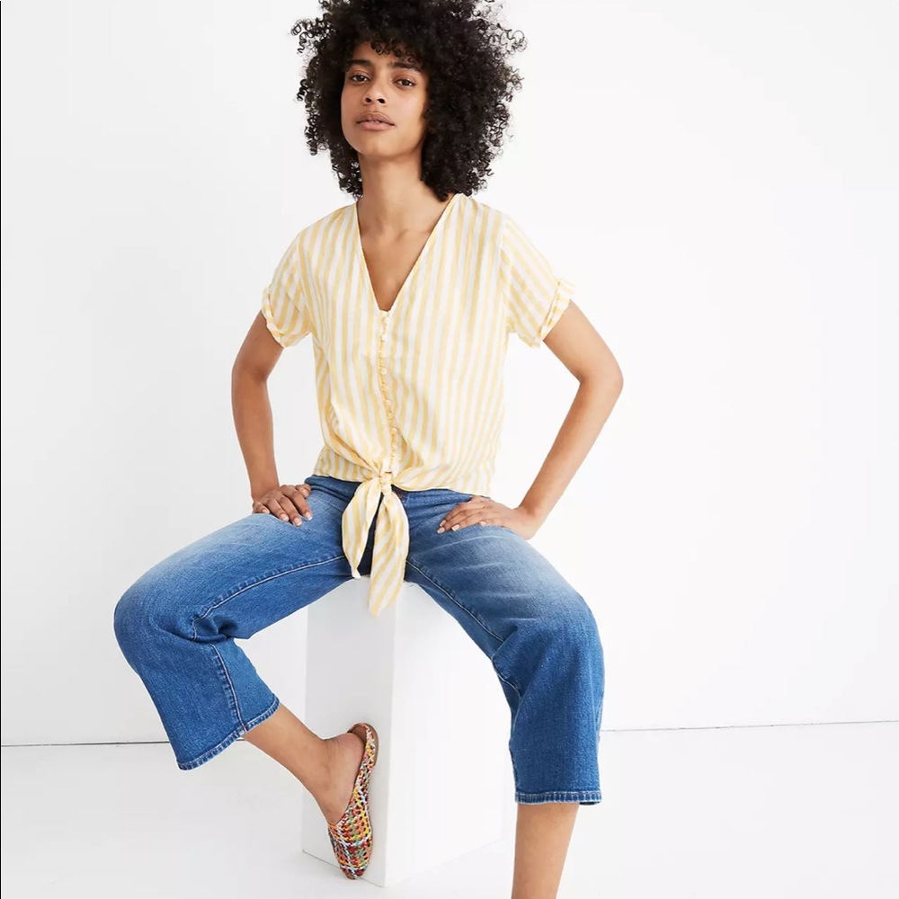 Madewell Marigold/White Agency Tie Front Pompano Striped Blouse Size S